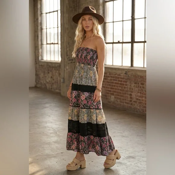 NWT Angie Boho Mixed Floral Print Crochet Smocked Strapless Maxi Dress - Picture 3 of 5